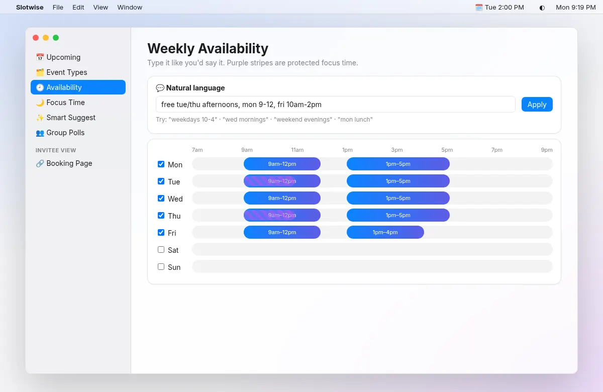 Weekly availability editor in Slotwise
