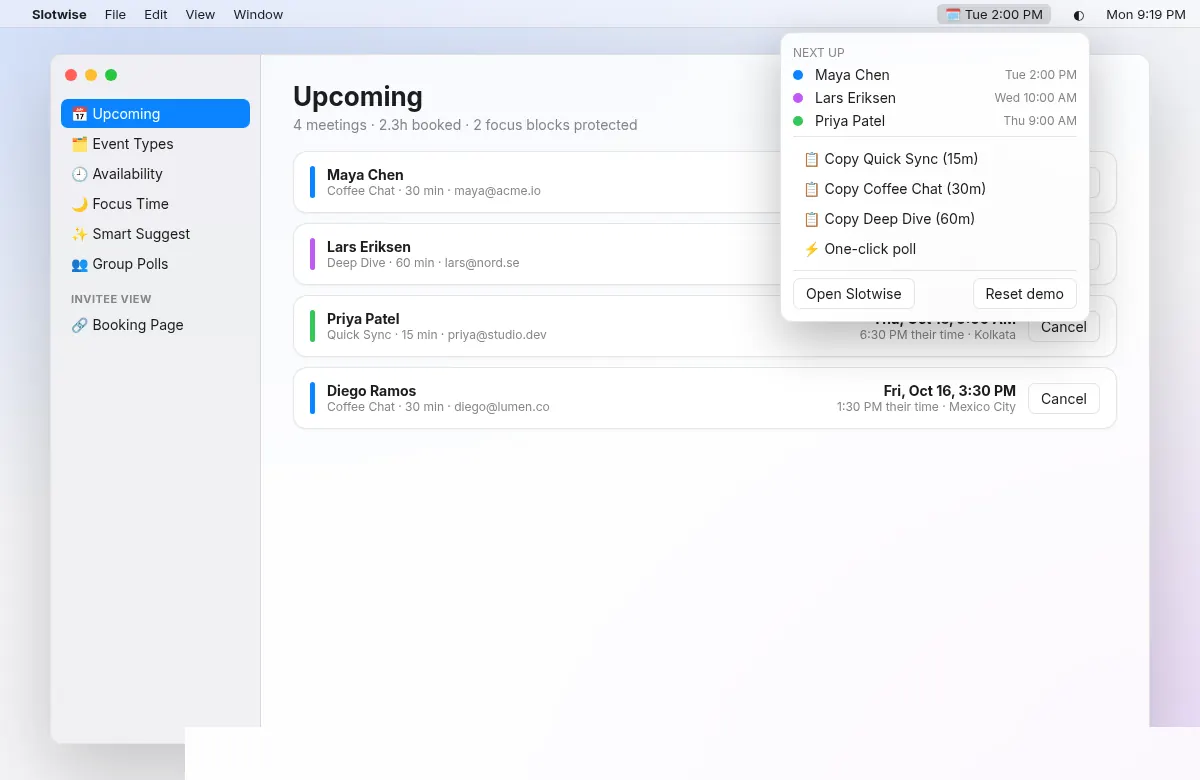 Slotwise showing upcoming meetings and the menu bar quick menu